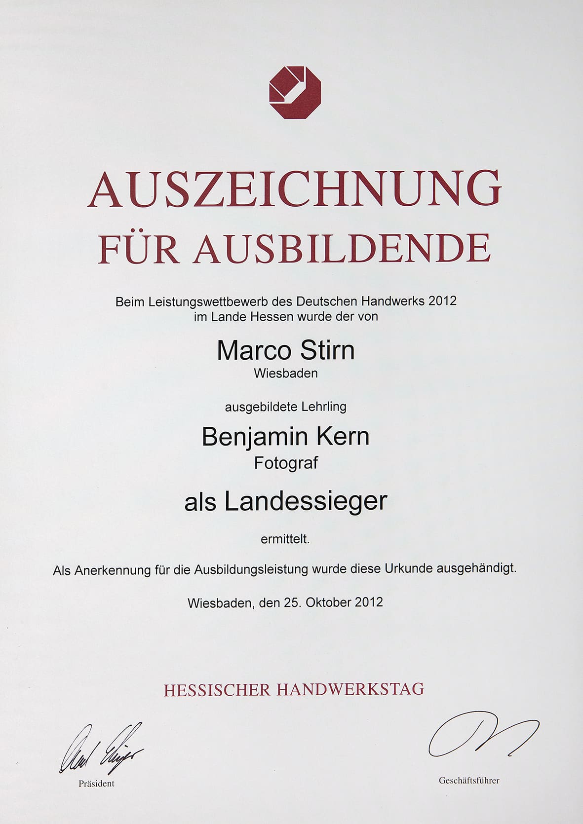 Urkunde, Landessieger 2012, Auszeichnung für Auszubildende